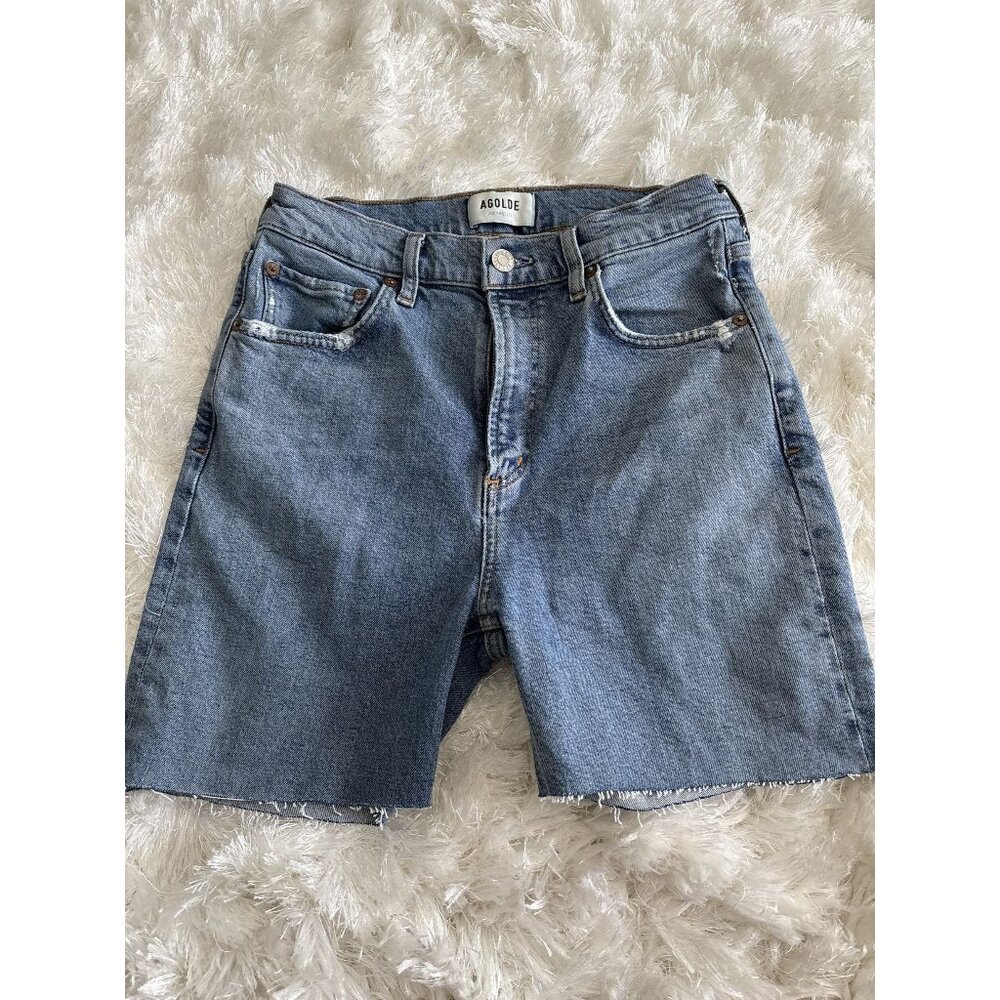 AGOLDE Women 26 Blue Cascadia Denim Wilder Mid Rise Comfort Straight Jean Shorts
